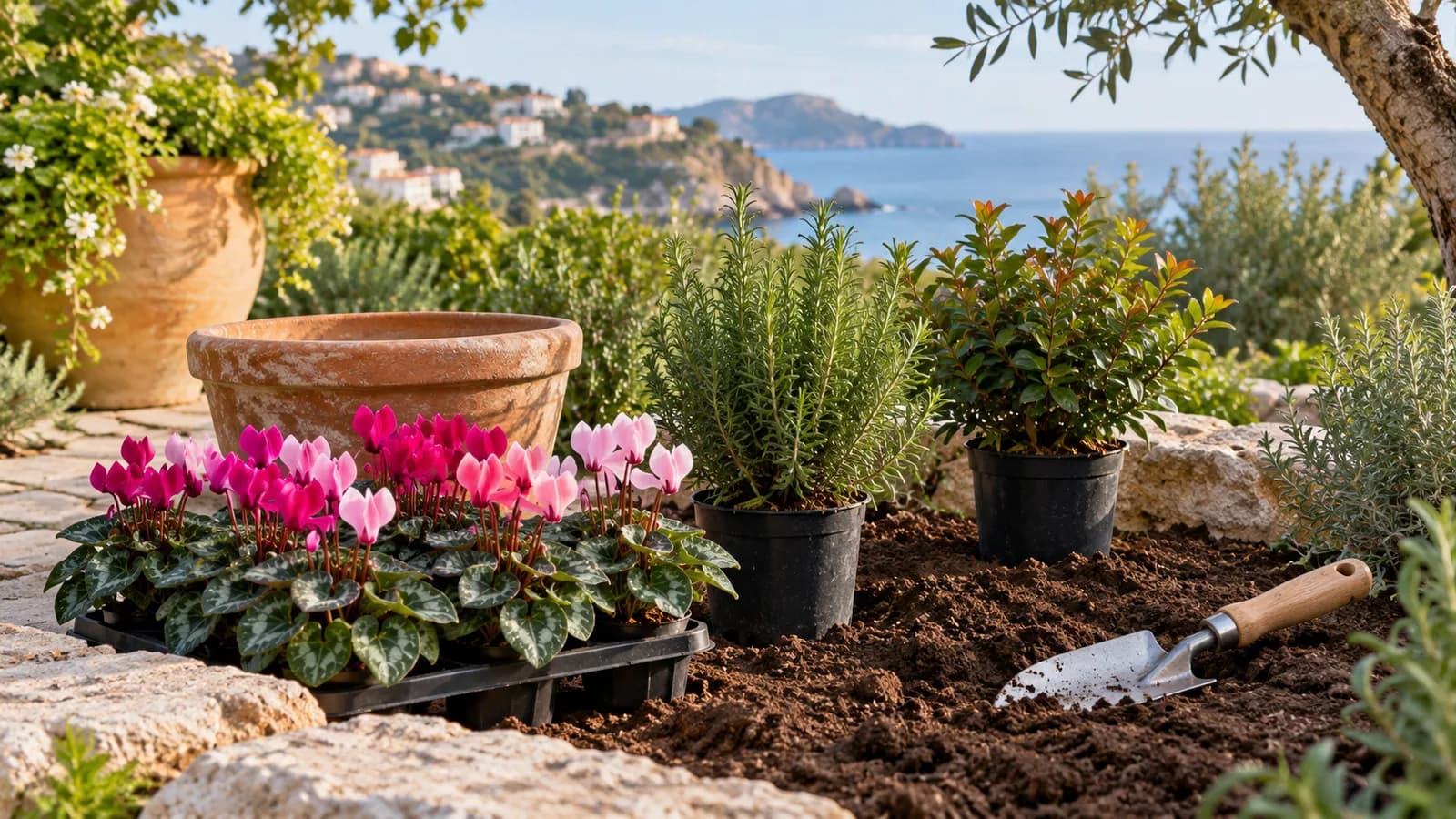 Plantas de temporada fresca y aromáticas junto a un parterre preparado para plantar en otoño