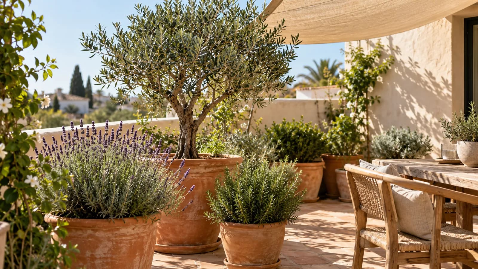 Terraza mediterránea con olivo, lavanda y romero en macetas separadas y zonas de sol y sombra
