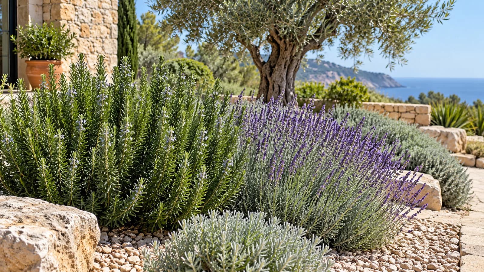 Romero y lavanda en un jardín soleado con suelo cubierto de grava